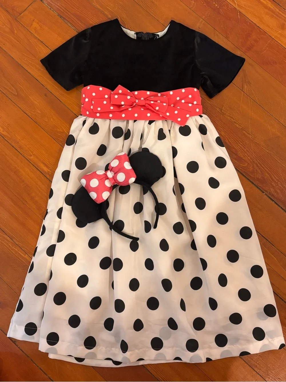 Minnie Mouse Inspired Polka Dot Dress Costume w/ Ears Pink Bow approx size 8-10